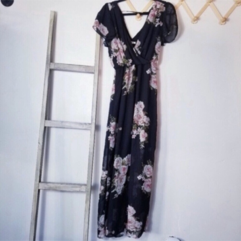 Maurices Black and Pink Floral Maxi Dress